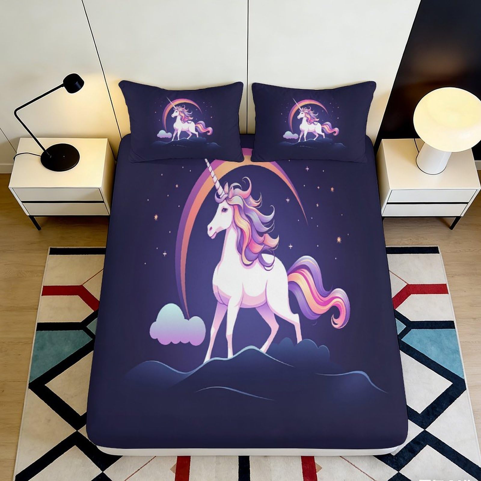 3D Printed Dream Unicorn Fitted Sheet Microfiber Soft Purple Fantasy Rainbow Mattress Cover for Bedroom Dorm Décor 160x200x25cm