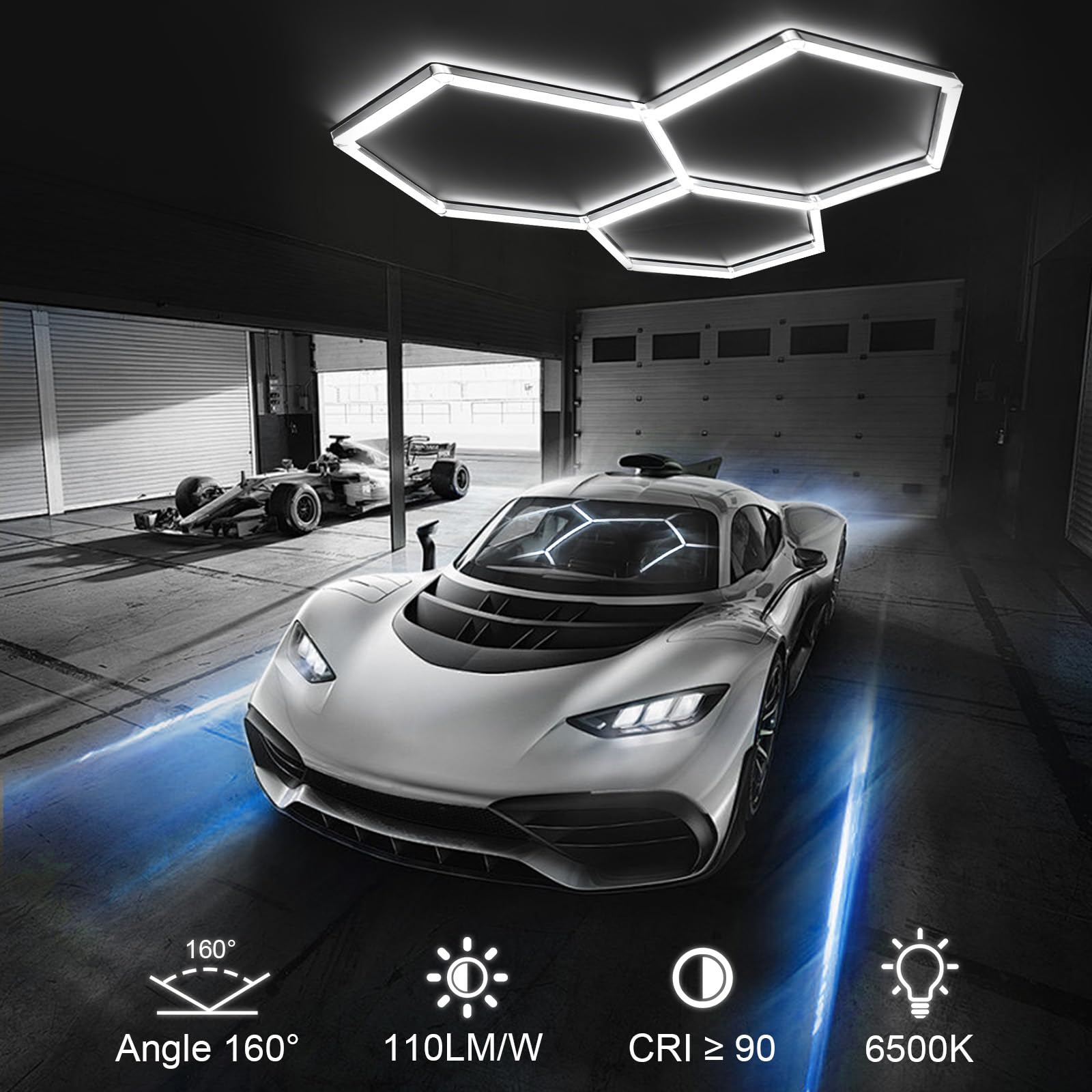 Plafoniera LED esagonale,3 Hexs Illuminazione per garage Illuminazione per officina LED, luci tubolari collegabili 6500K per salone auto, autolavaggio, officina, magazzino, seminterrato, esposizione