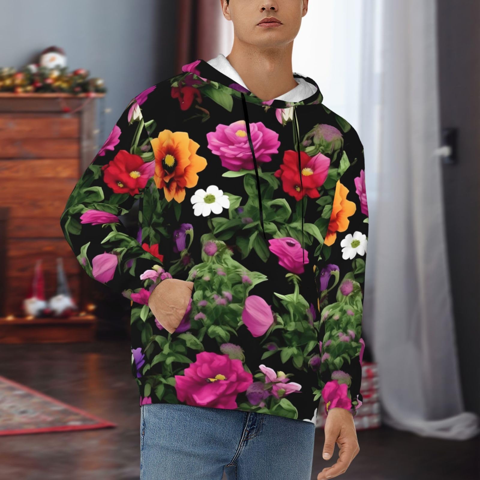 Męska bluza z kapturem z nadrukiem Thug Life Flowers, casualowa grafika z nadrukiem bluzy z kapturem z kieszenią