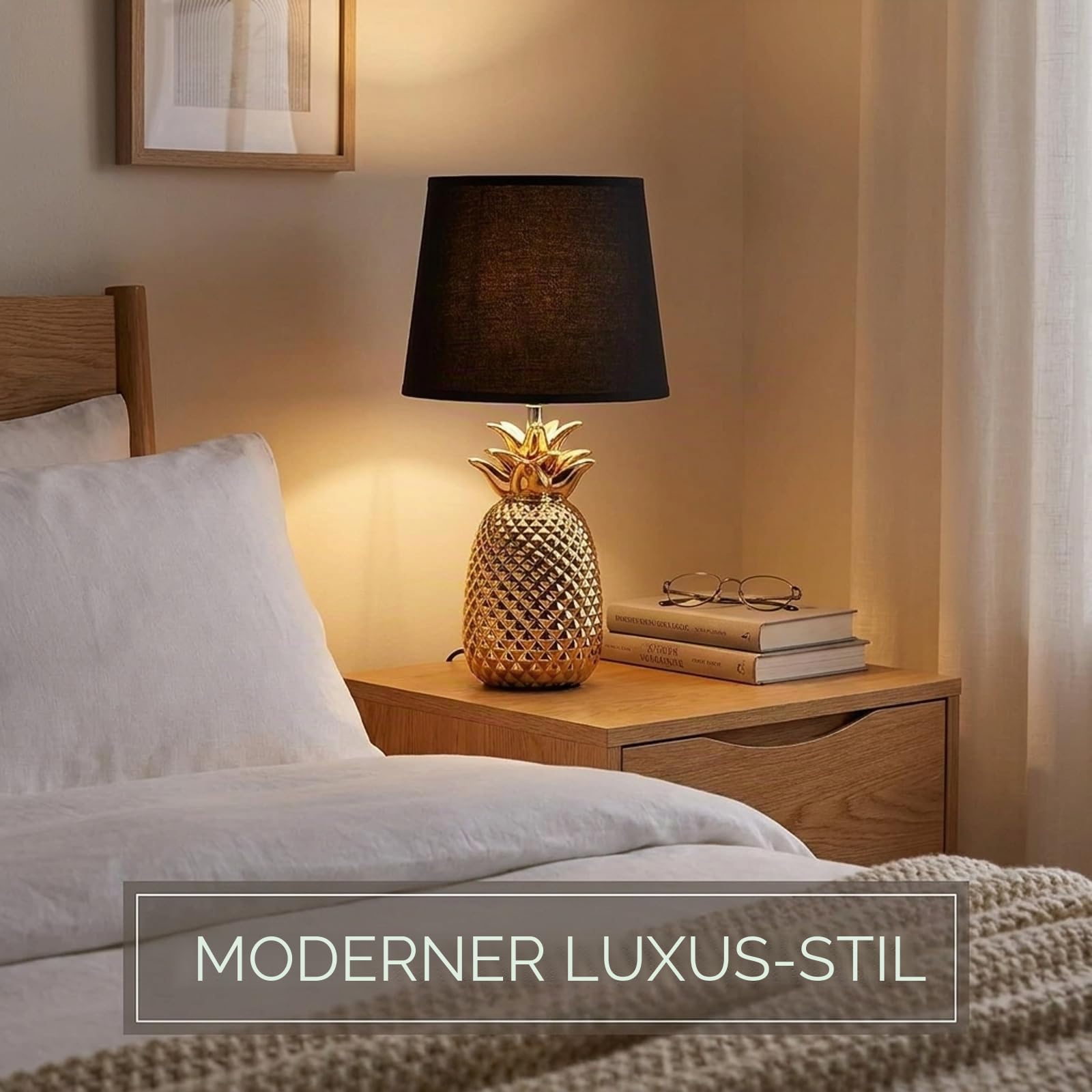Aigostar Nachttischlampe, Tischlampe Keramik Tischleuchte Lampe für Nachttisch Beistelltisch Dekolampe Nachttischlampe Stoffschirm Gold Modern E14 H36cm