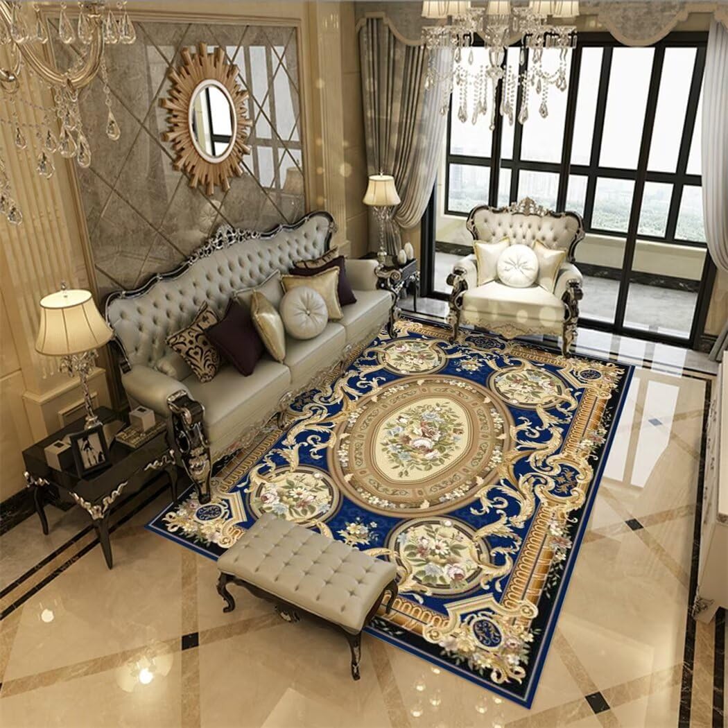 Tapis motif floral rétro bleu 80x150cm pour un salon élégant