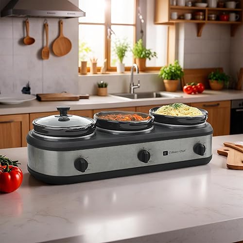 Miniatura 11 de CULINARY CHEF, Triple olla de cocción lenta, servidor buffet de 3 ollas, calentador de alimentos - inoxidable