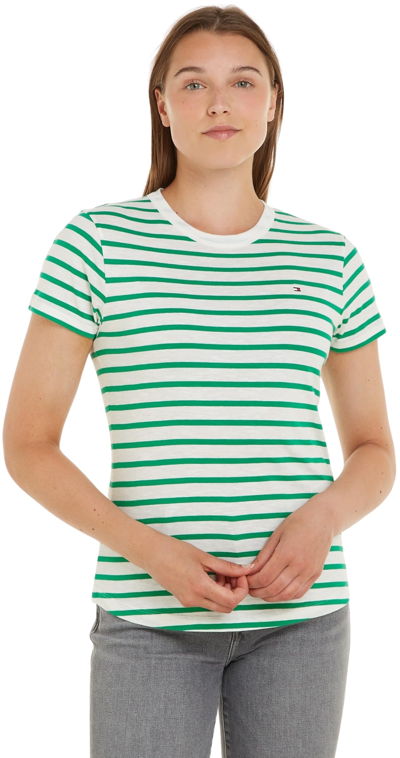 Tommy Hilfiger Women 1985 Slim Slub C-Nk Ss S/S Knit Tops, Green, XXS