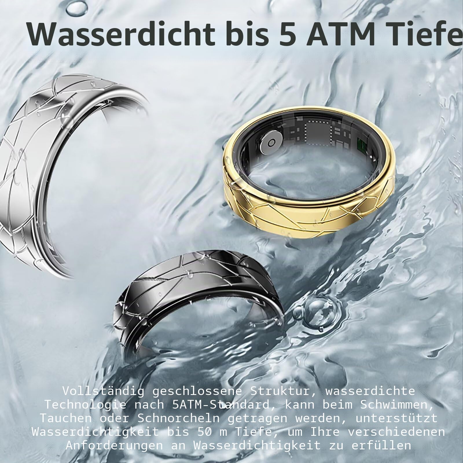 findtime Smart Ring Android IOS Smartringe für Herren Damen Schlaftracker Pulsmesser Schrittzähler Fitness Ring Tracker Smartring Fitnessring Herzfrequenz Sport Fitnesstracker Schwarz Gold Silber
