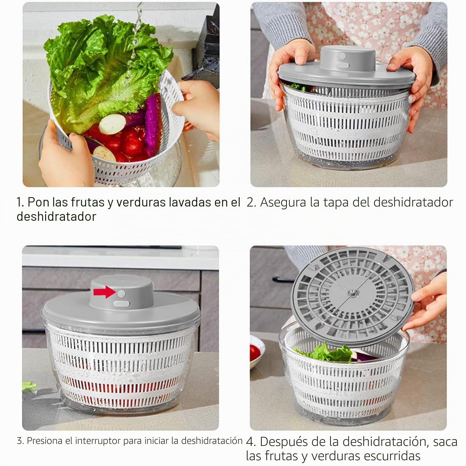 Centrifugador automático de ensalada, USB inalámbrico, 4000 ml, para frutas y verduras, ensaladera para servir, escurridor rápido, utensilio de cocina en color moderno, larga preparación, plata