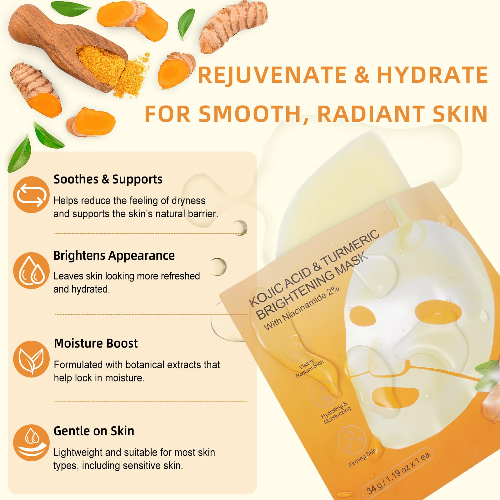 Kojic Acid & Turmeric Collagen Mask, Hydrating, Firming and Moisturizing, Pore Minimizing - Image 3