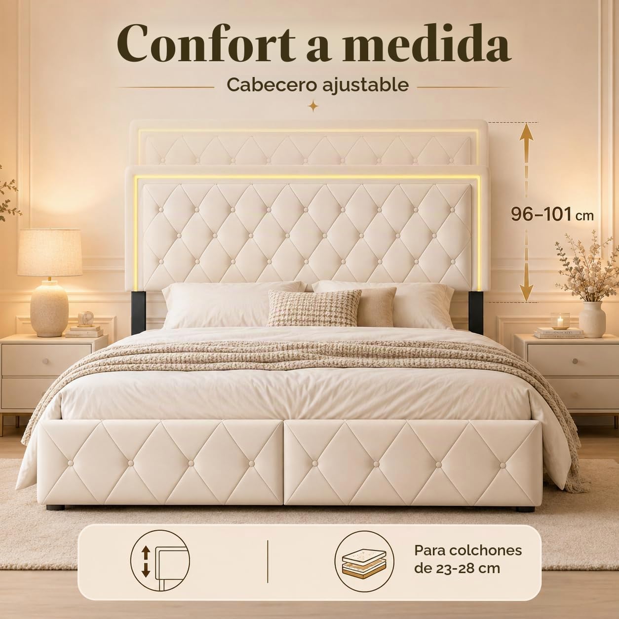 Cama doble tapizada, 160 x 200 cm - Diseño innovador, Cama de almacenamiento con 4 cajones de almacenamiento, cama para adultos con somier de listones, sin colchón, PU(blanquecino, 160 x 200 cm)
