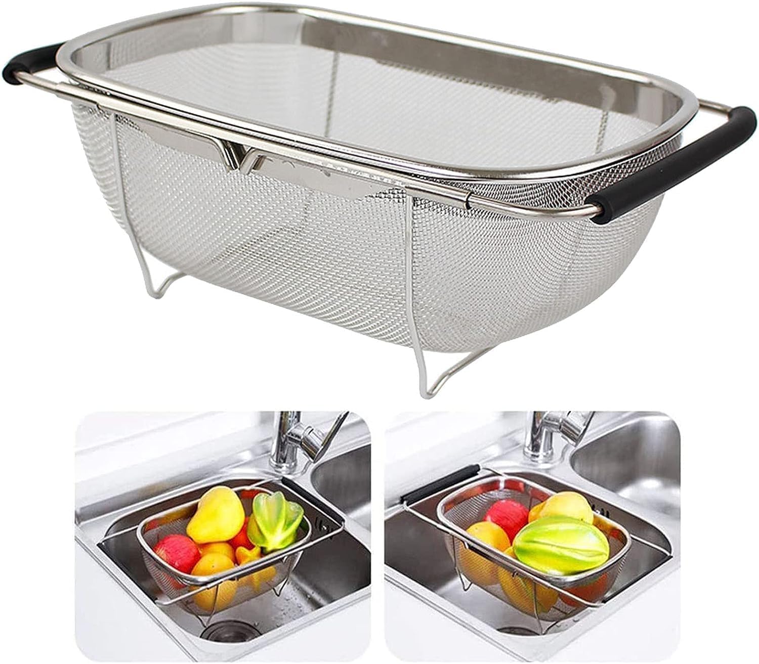 SENTAVIL Sink Basket Stainless Steel Oval Colander Rubber Grip Handle, Fine Mesh Strainer Baskets Kitchen Over The Sink Colander for Strain, Drain, Rice, Vegetables, Fruits (1 Pc, Silver) (B0CPF4GP8P) Amazon Price History, Amazon Price Tracker