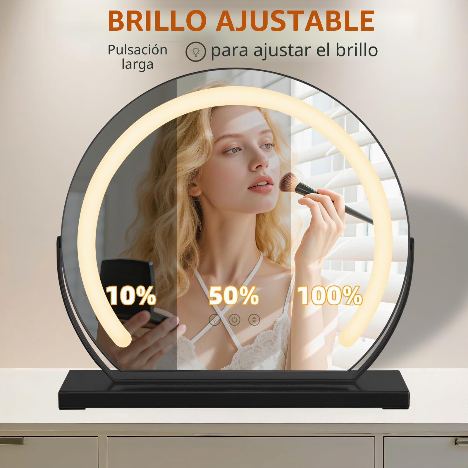 Espejo de maquillaje con iluminación, 40 x 40 cm, espejo de maquillaje giratorio en negro con LED de 9 W, 3 botones táctiles y atenuación continua, espejo de mesa moderno para maquillaje, baño