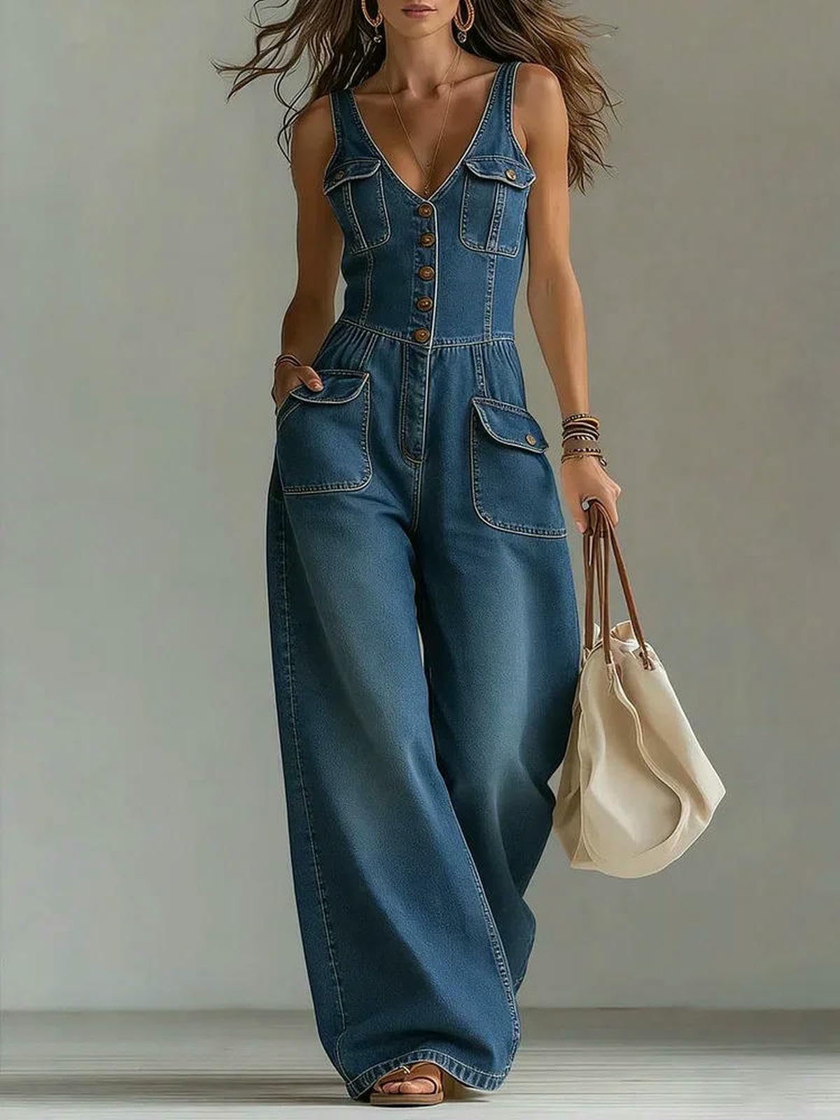 Mono De Verano Mono Vaquero De Mujer Sin Mangas con Escote En V Y Botones para La Playa.
