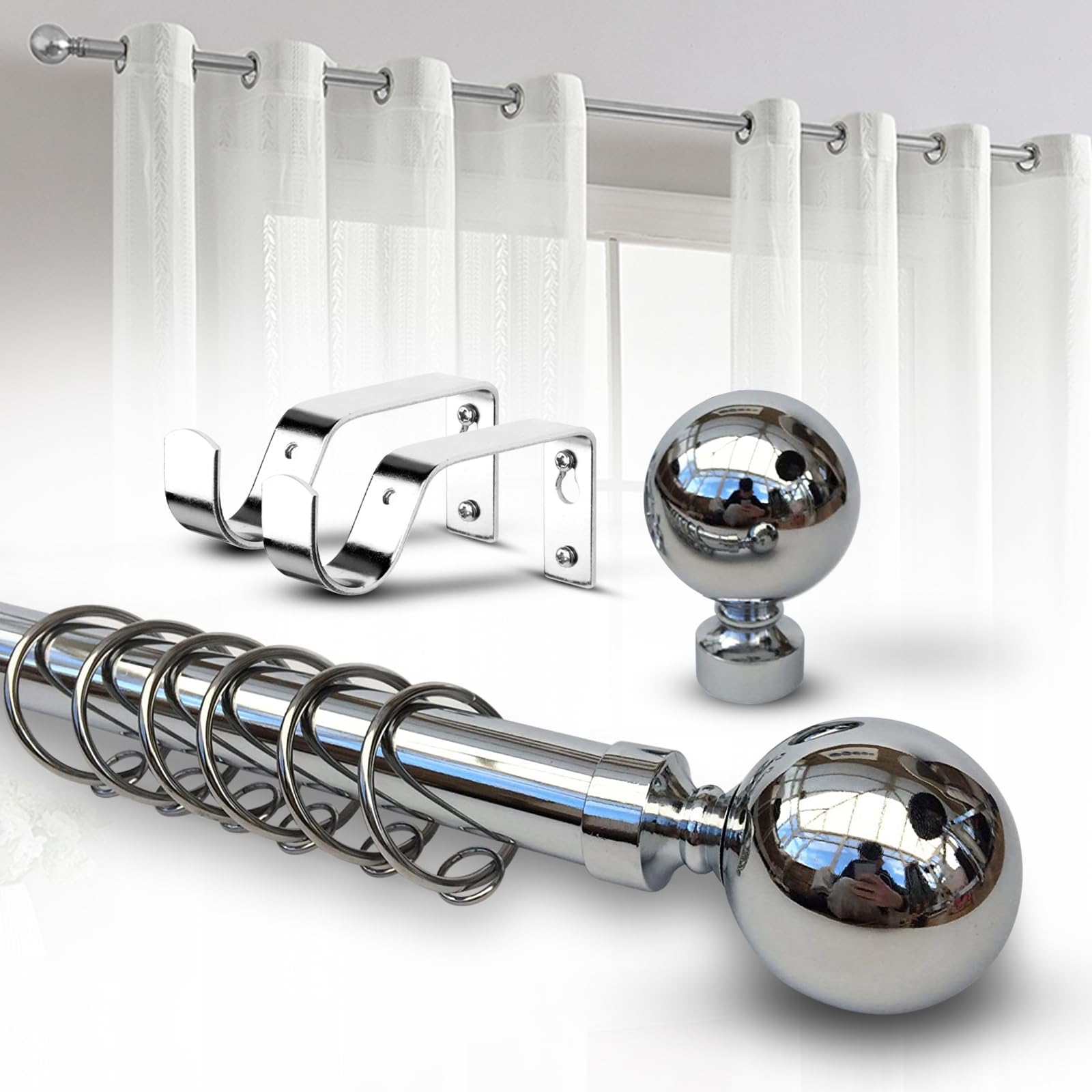 Imperial Rooms Plain Metal Ball Curtain Poles Metal Extendable - Includes Chrome 70-120 Cm Curtain Rod, Finials, Rings, Brackets & Fittings Set โ image 1