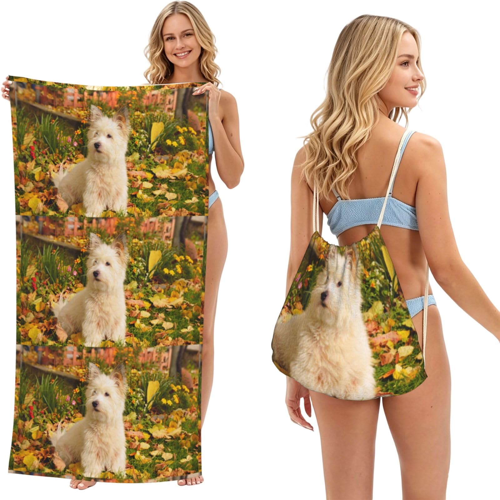 Poadnly As Picture Westie Autumn West Highland White Terrier Dogs, 2 In 1 Packable Towel Bag, Beach Towels With Drawstring Backpack For Travel Holiday Camping