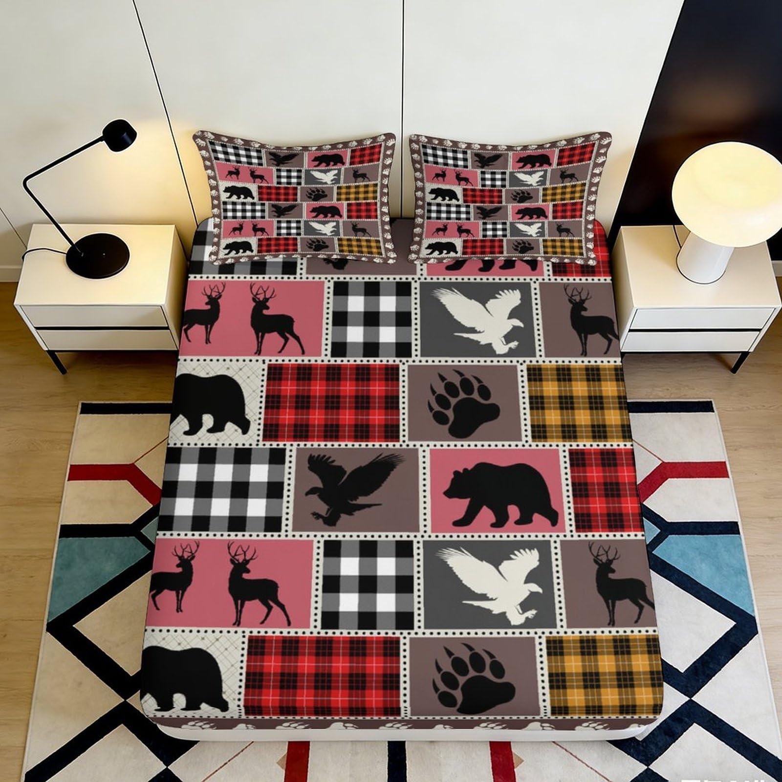 3D Printed Plaid Bear Fitted Sheet Microfiber Soft Breathable Deer Forest Bed Cover for Bedroom Guest Room Decor 90x200x25cm