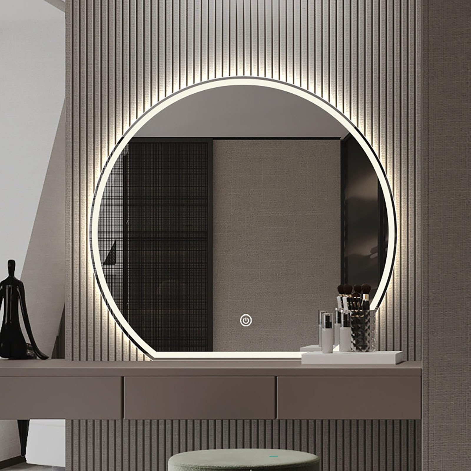 Specchio Semicerchio Con Led, Semicerchio Specchio Da Bagno, Specchio Da Bagno Semicerchio Con Retroilluminato, Anti-Appannamento, Tri-Colore Dimmerabile Con Retroilluminazione, Specchio Da Parete(50*