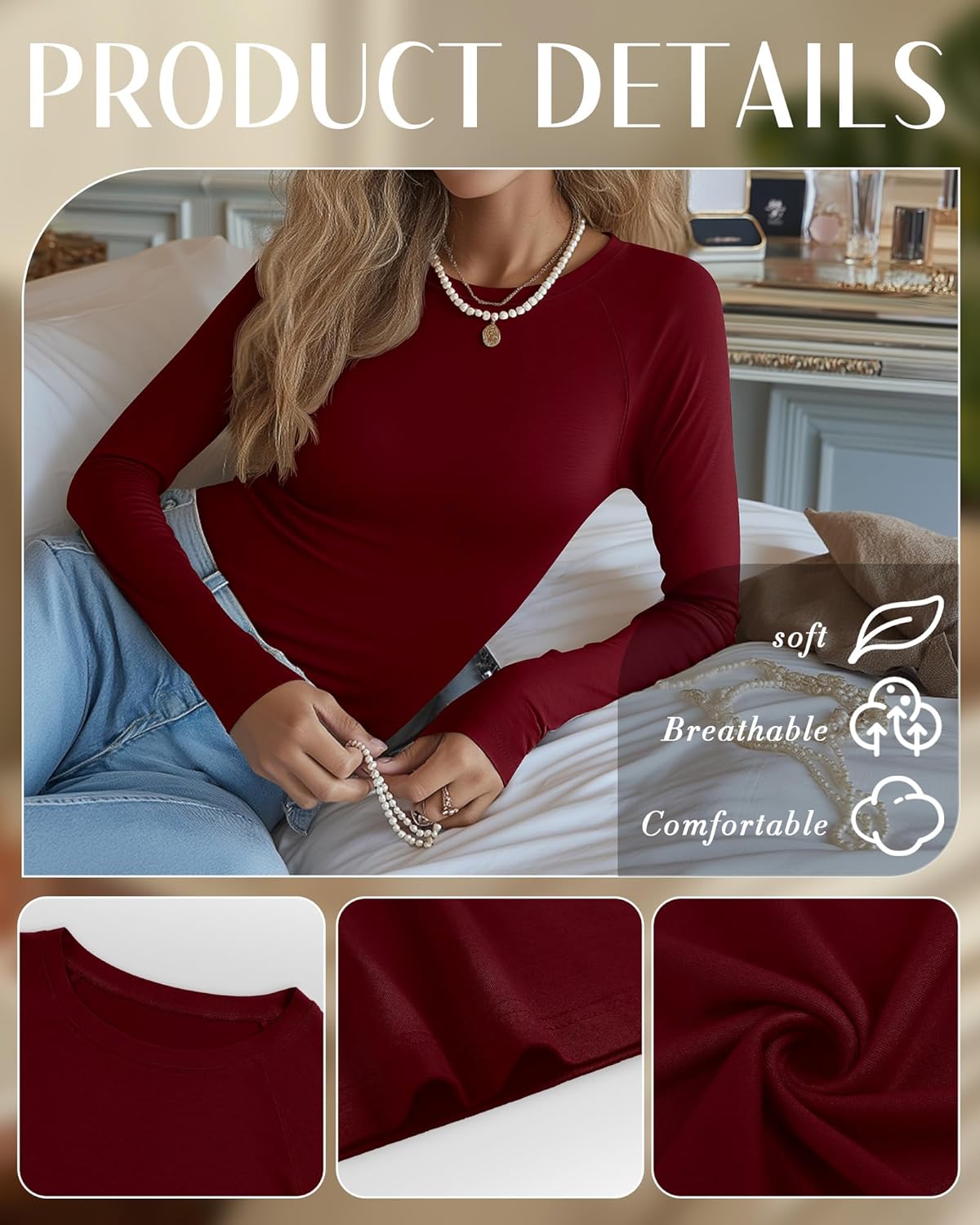 4 Pack Women's Long Sleeve Shirt Slim Fit Crew Neck Tops Casual Basic Stretch Cotton Blend Fall Going Out Outfits - Image 5
