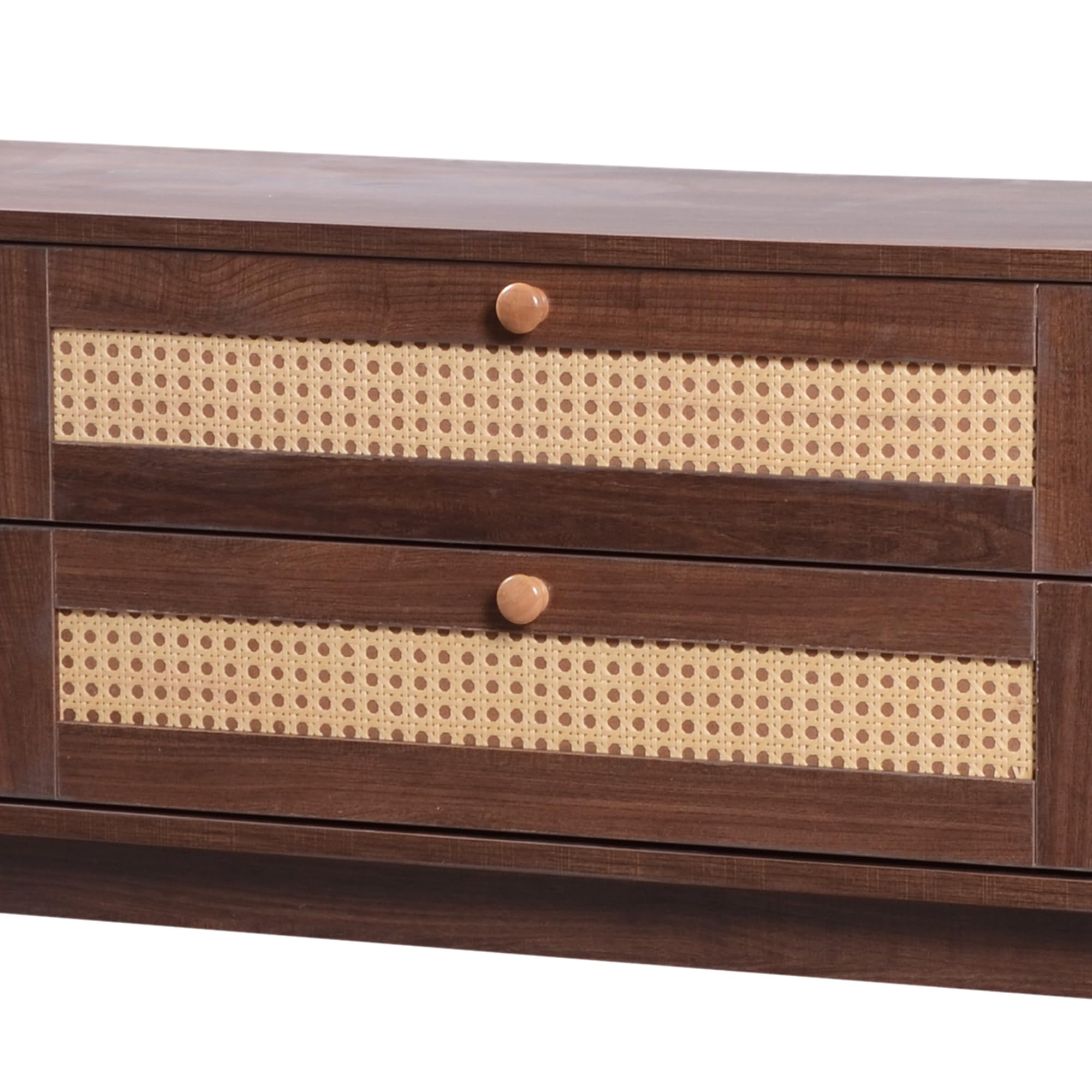 Azkoeesy Walnuss TV-Schrank 170 cm mit Lamellenschiebetüren und 2 Rattan Schubladen, Landhausstil TV-Board Fernsehschrank für Wohnzimmer, Braun