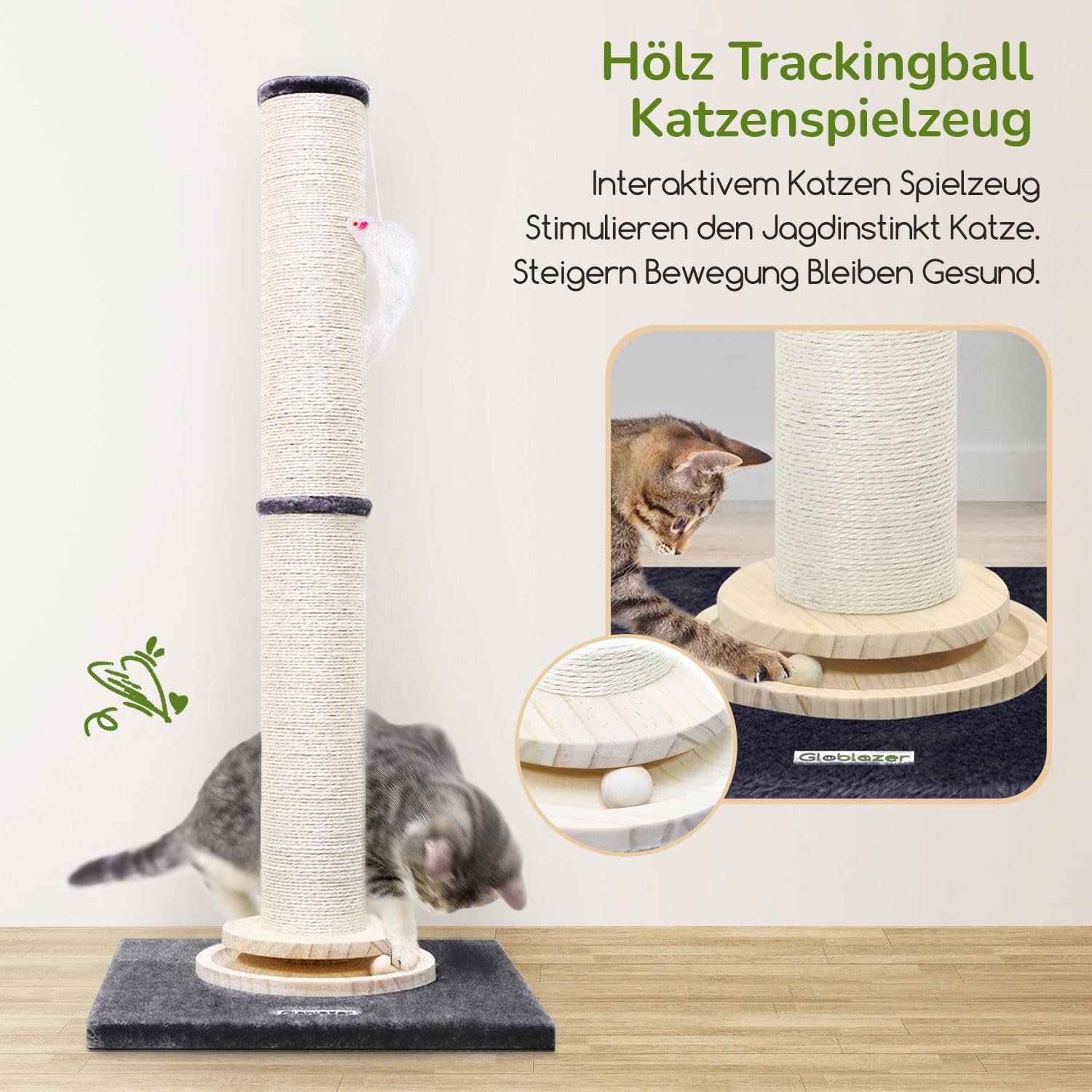Globlazer Kratzstamm XXL, Kratzsäule Groß Stabil hoch 90 cm & 50 cm 2 IN 1 mit Plüsch Katzenspielzeug 11cm Dicker Stamm Sisal Holz Trackingball, Kratzbaum XXL für Große Katzen (SC35, Dunkelgrau)