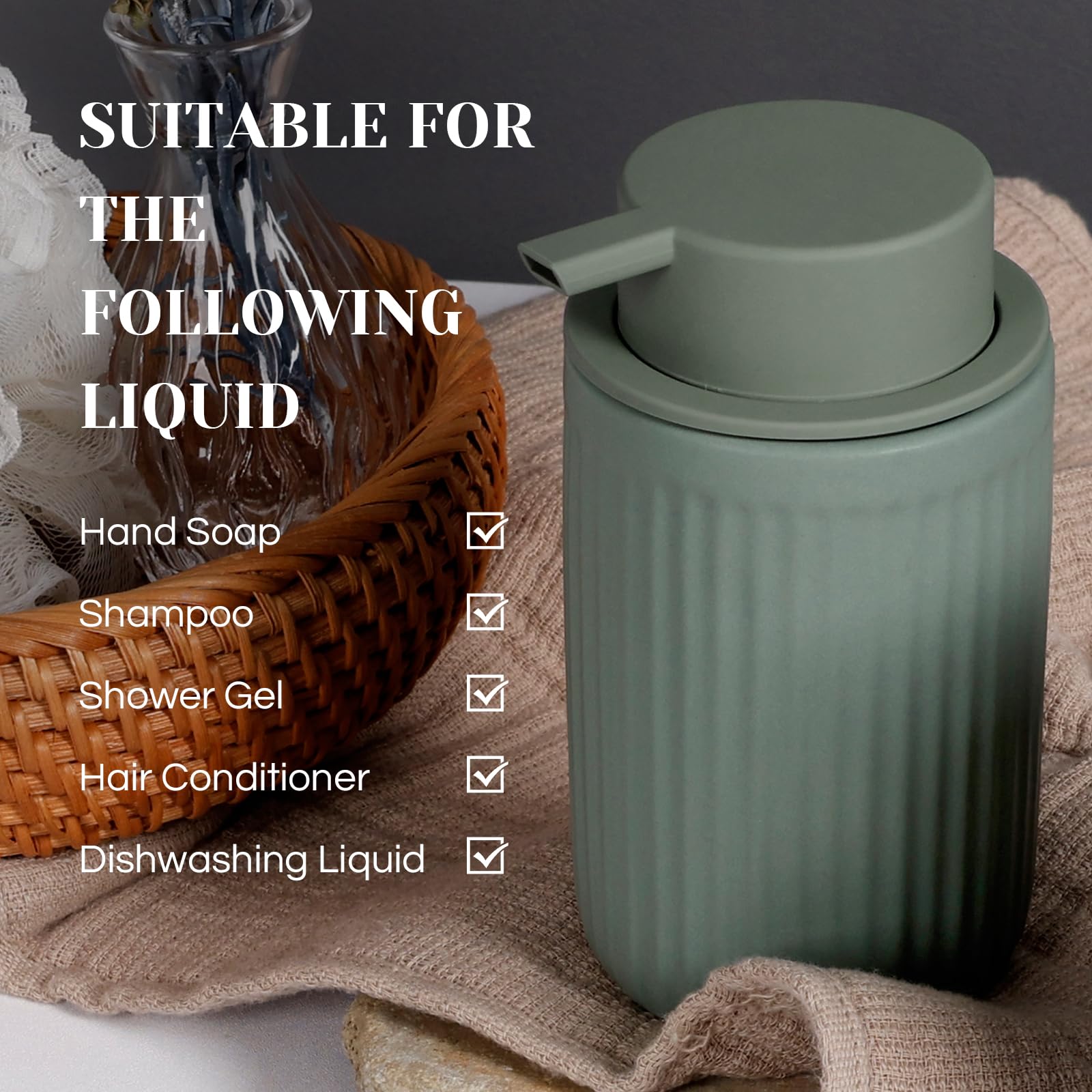 INGOFIN Dispensador de jabón espumoso de cerámica, dispensador de jabón de manos de espuma verde mate de 12 onzas, dispensador de jabón de cerámica moderno con bomba para cocina