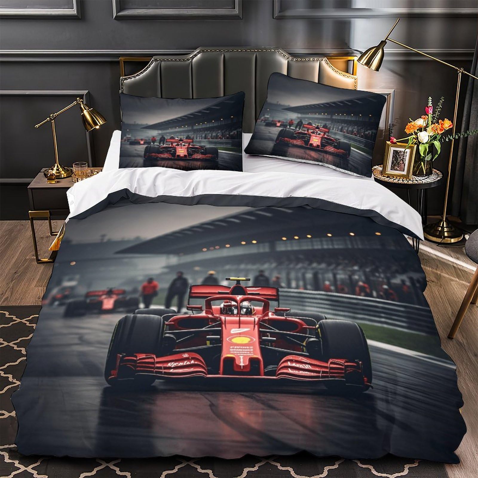 3U6C4M9K 3D Printed Formulaa Racing Duvet Cover Super King（260x220cm）, Breathable Quilt Cover Set Microfiber Racing Car Pattern Bedding Set