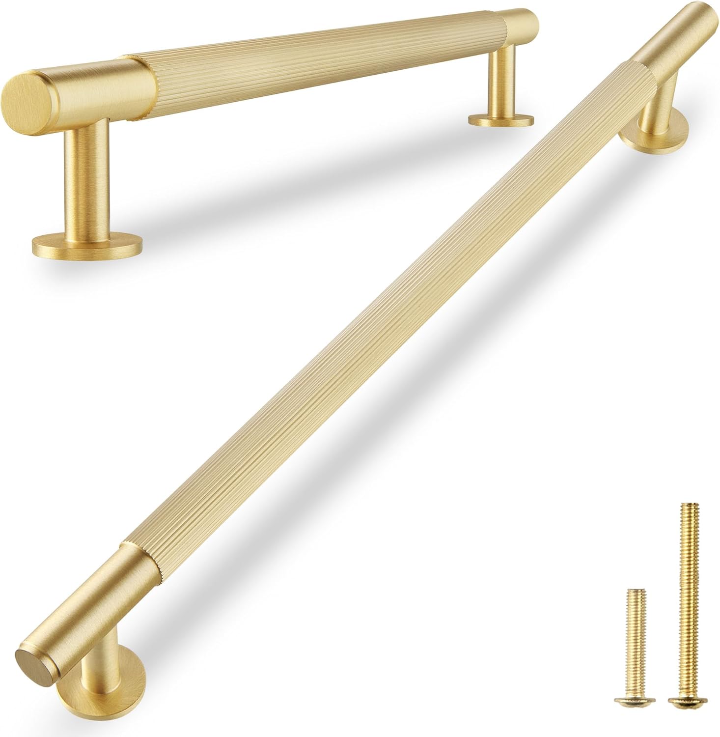 QOGRISUN 1-Pack Solid Brass Cabinet Pulls,Grooved Gold Bar Handles,18-Inch Hole Center for Kitchen Drawer Dresser Cupboard, 20.6-Inch Total Length, Brushed Brass Finish – Eleganza 1 18-Inch(457mm)Hole Centers