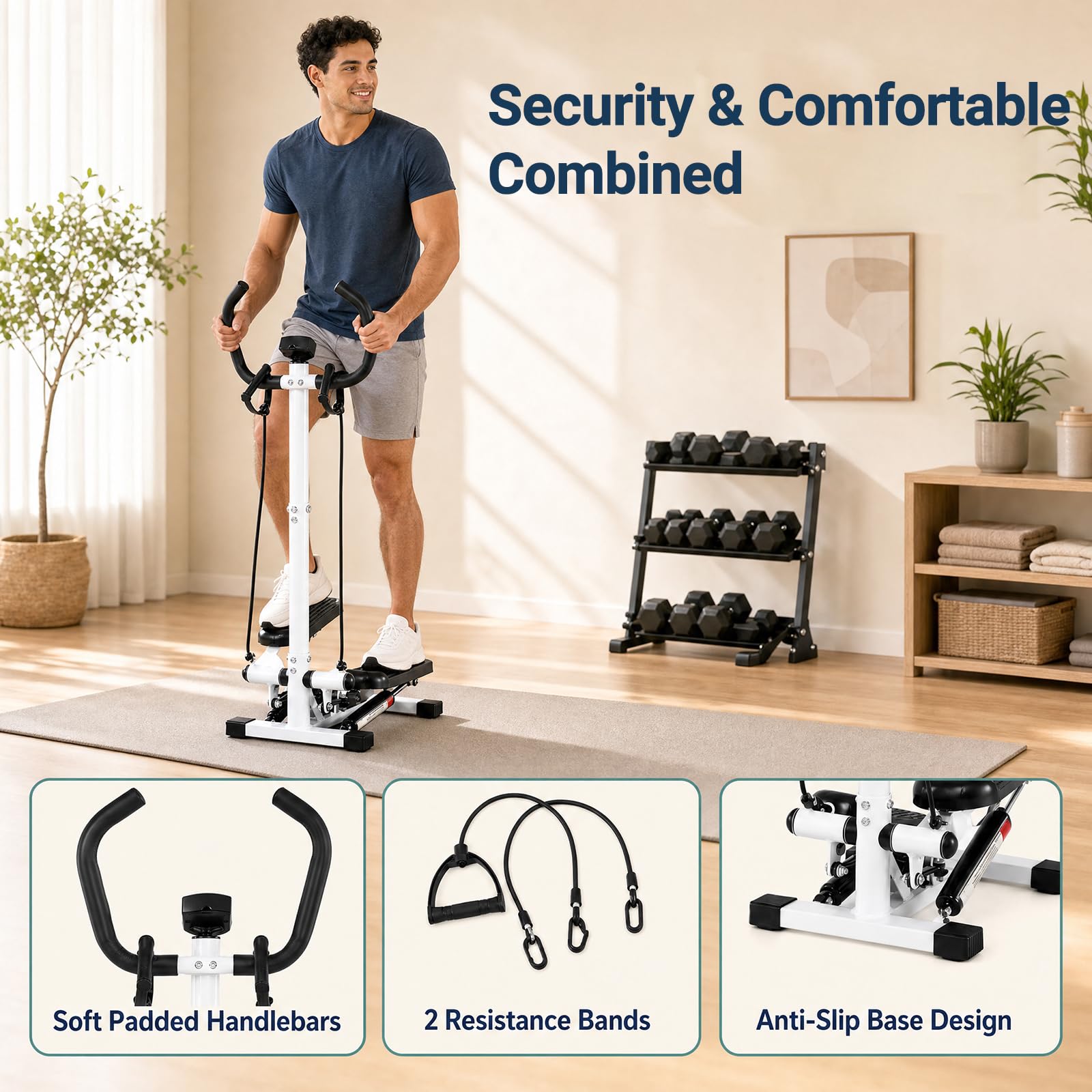 KOMFOTTEU Stepper Fitness con Bande di Resistenza, Step da Scale | Twister con Manubrio e Schermo LCD, Intensità Regolabile, per Esercizio Aerobico, Compatto e Salvaspazio per Casa, Palestra