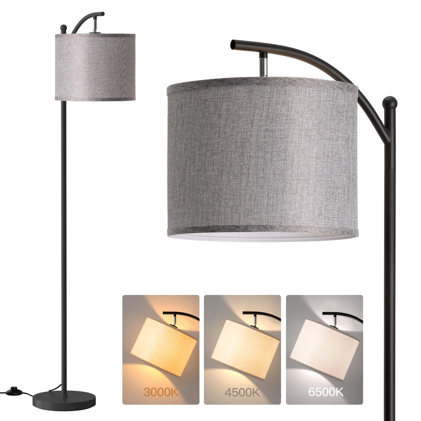 addlon Floor Lamp for Living Room with 3 Color Temperatures, Standing lamp with Linen lampshade for Bedroom, Office, Lamps with 9W LED Bulb Included - Black with Gray Lampshade