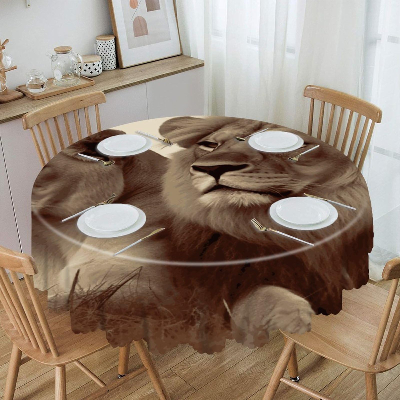 VstaDank African Lion and Lioness Round Tablecloth 60 Inch Easy to Clean Circle Table Cover Thick Decorative Round Polyester Table Cloth for Dining Kitchen Party Farmhouse Outdoor