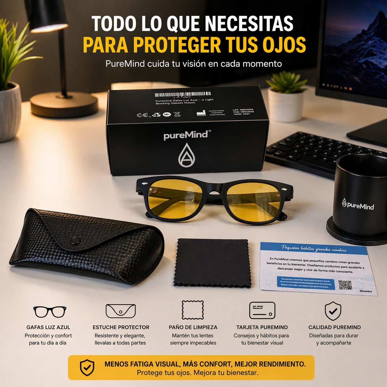 Puremind Gafas Luz Azul Unisex – Anti Luz Azul para Ordenador + Pantalla y Gaming - Gafas Protección Pantallas de Ordenador + Antifatiga y Filtro Azul - Blue Light Blocking Glasses
