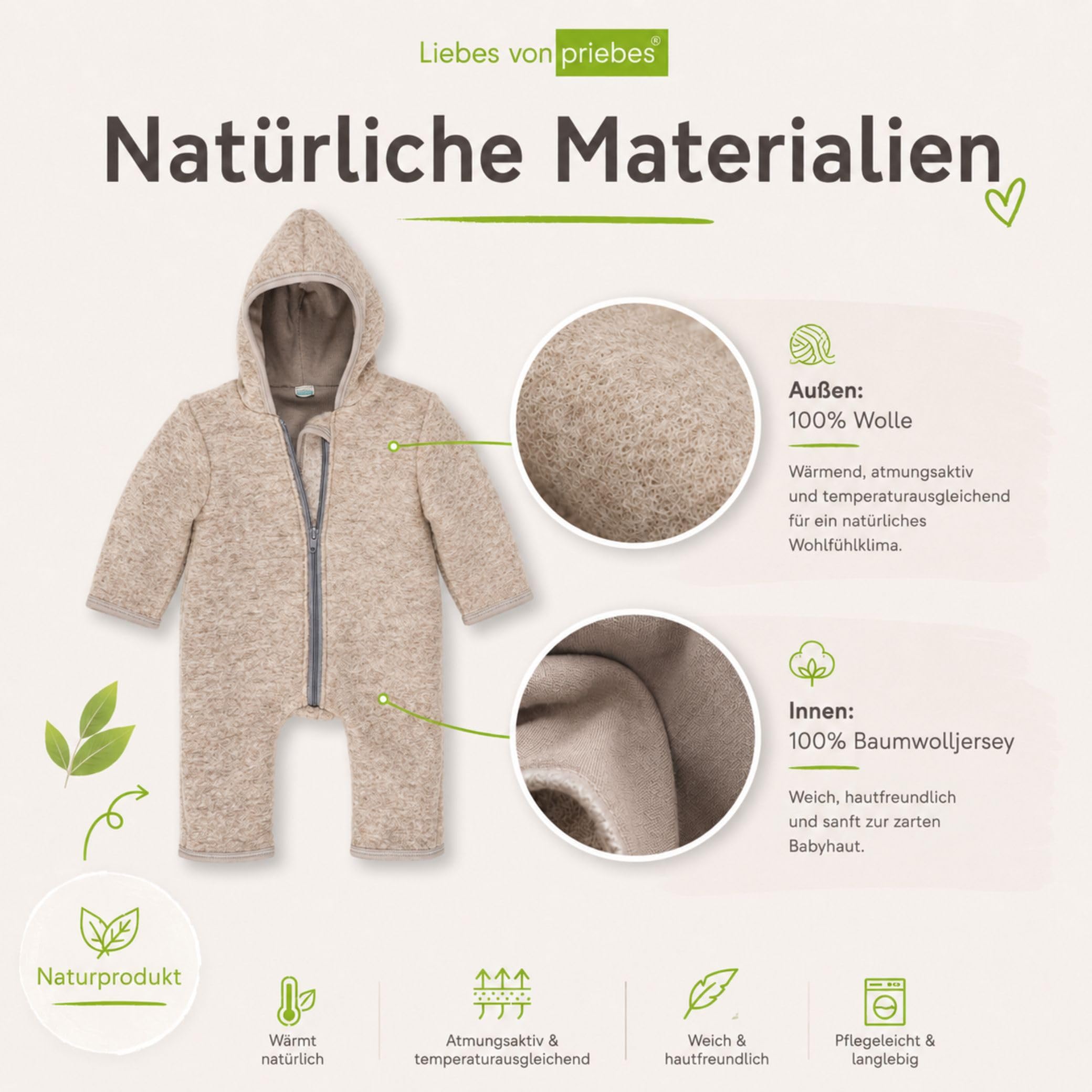 WALKOVERALL Wanda | Wollwalk aus Natur Schurwolle mit Reißverschluss | Warmer Woll-Anzug für Kleinkind & Baby | Babyoverall | Perfekt für den Winter & kalte Tage