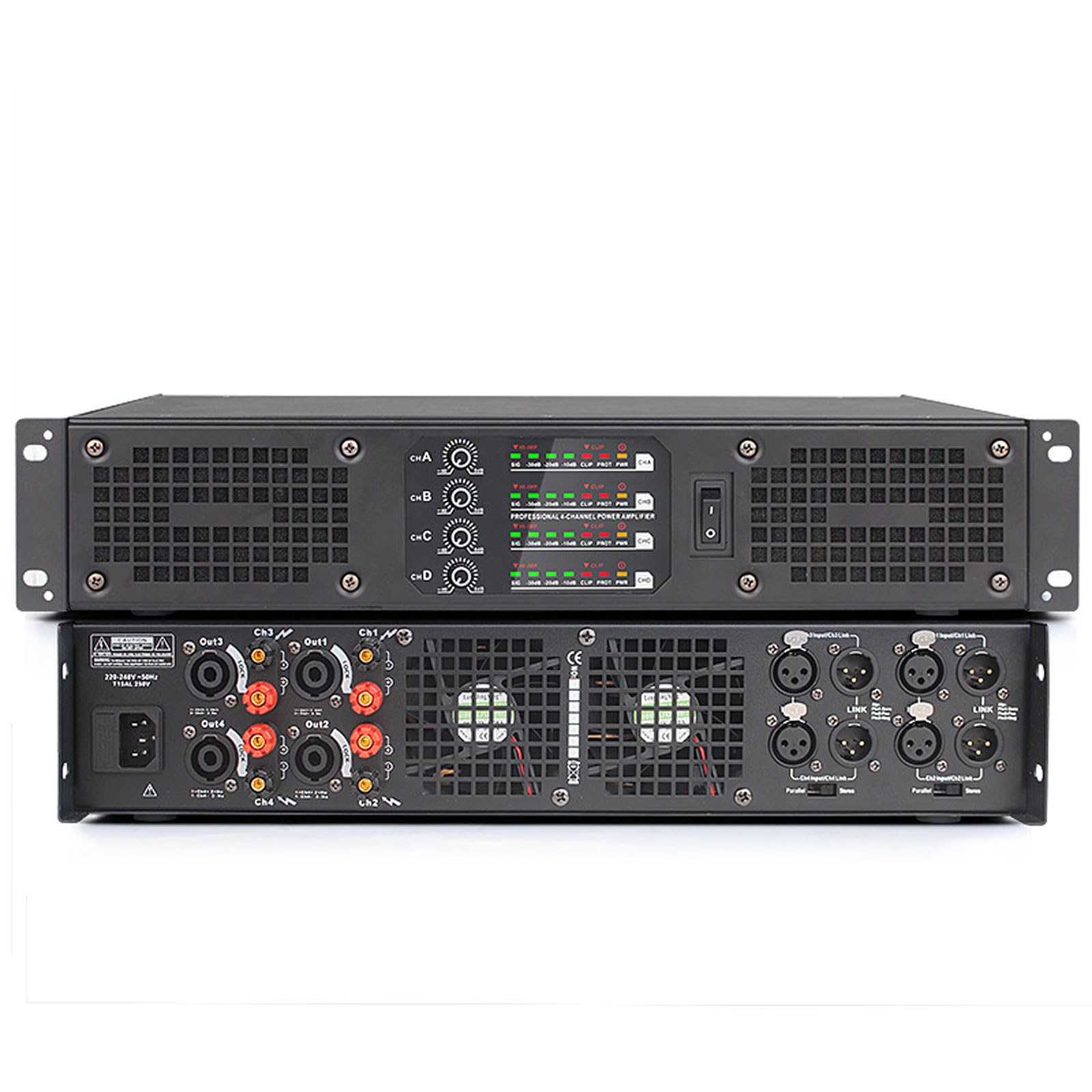 Amplificatore Audio Professionale da 1000 W X 4, Amplificatore di Potenza per La Casa con Luci a Spettro LED, Uscita Indipendente a 4 Canali, 2 Ventole di Raffreddamento, per Casa