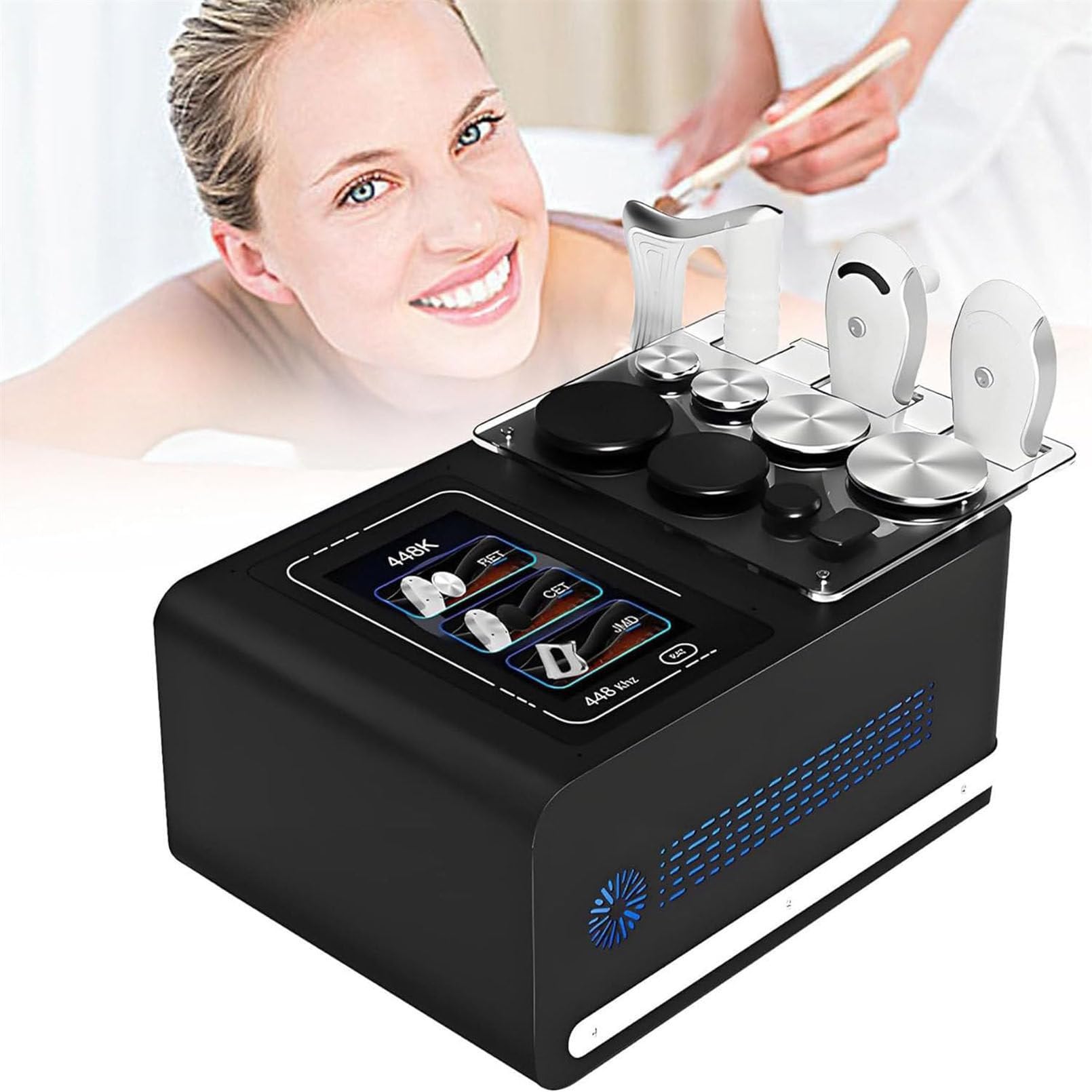 Apparecchiatura per Tecarterapia a radiofrequenza 448K,per perdita di peso e modellamento del corpo,con 3 maniglie e 8 postazioni di lavoro,RET + CET per trattamenti fisici profondi Black