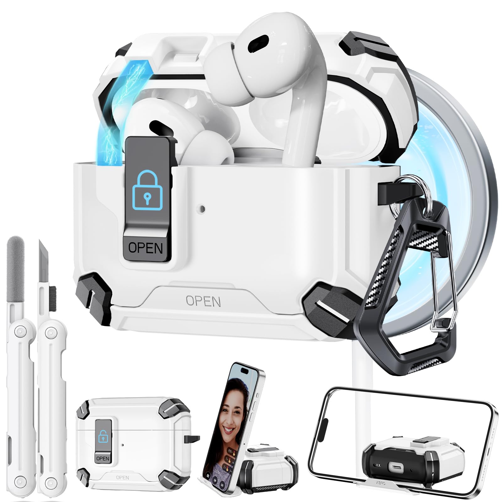 for AirPods Pro 2 Secure Lock Case with Phone Stand, Compatible with MagSafe, Case Cover for Apple AirPods Pro 2nd/1st Generation with Cleaner and