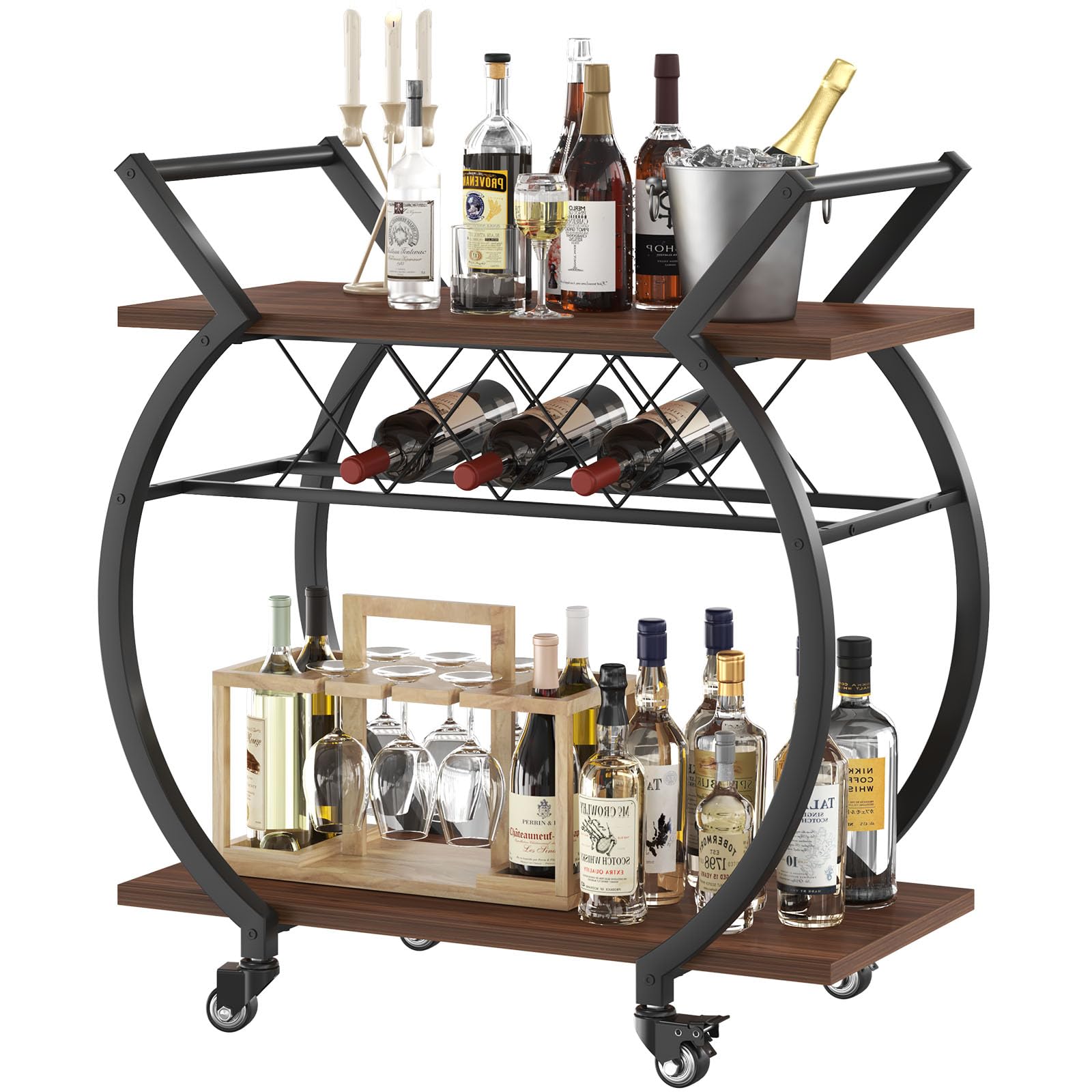LVB Modern Gold Bar Cart, Industrial Rolling Wine Cart with Wine Rack, Coffee Liqueur Drinks Cart with Storage and Wheels, Wood and Metal, Kitchen, Microwave, Drinks Cart for Home, Walnut โ image 1