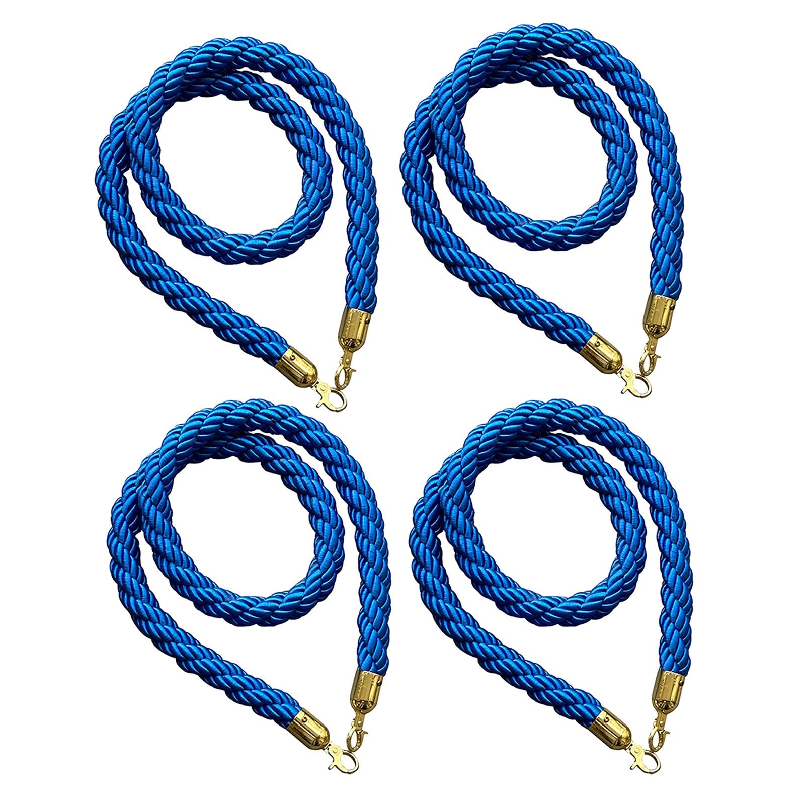 RENLXFI 2 4 6 8 Pcs Stanchion Twist Rope with Gold Snap Hooks, 10 8 7 6 5 4 3 2 Ft Blue VIP Barrier Twist Rope, Queue Line Ropes for Hotels Lobby Theaters(4 Pack,190cm(74 4/5 in))