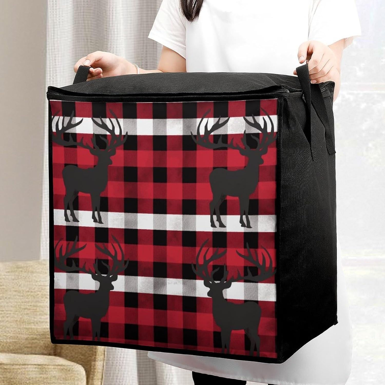 Buffalo Plaid Deer Storage Bags Moving Bags Storage Bins | Comforter Storage Bag Reinforced Handles & Zippers Foldable Closet Organizers and Storage for Blanket Pillow Clothes