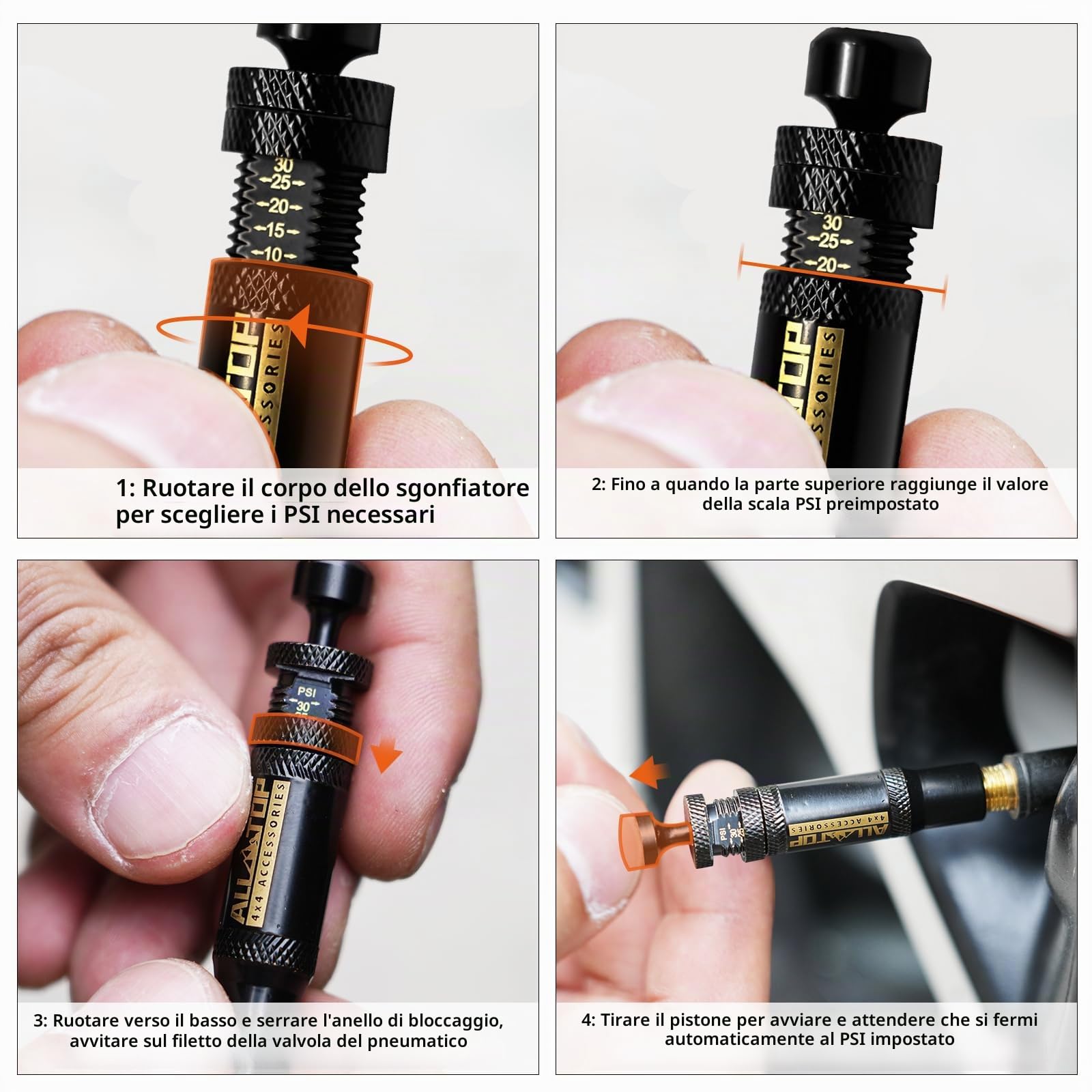 ALL-TOP Kit Valvola di Deflazione Pneumatici Regolabile con Auto-Stop (10-30 PSI) 4 PEZZI Strumento per Scaricare l'Aria per Pneumatici per Fuoristrada 4x4 (con 5 Tappi per valvole)