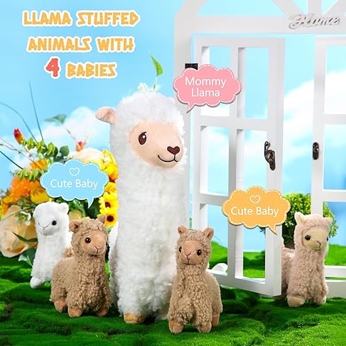 Miniatura 4 de Jenaai Animales de peluche de llama con 4 llamas de bebé, lindo juego de peluche de alpaca, muñecas de almohada suave Kawaii para niños y niñas,