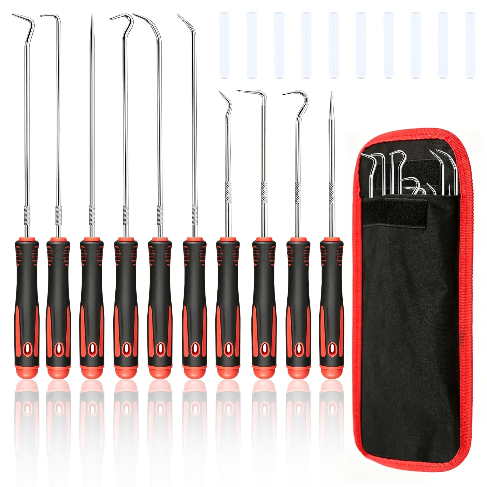 SPOKKI 10 Piece Precision Pick & Hook Set, Automotive Pick Tools with 1 Red Storage Bag and 10 Matching Protective Covers for Auto O-Ring, Seal and Gasket Removal, Mechanic Tool
