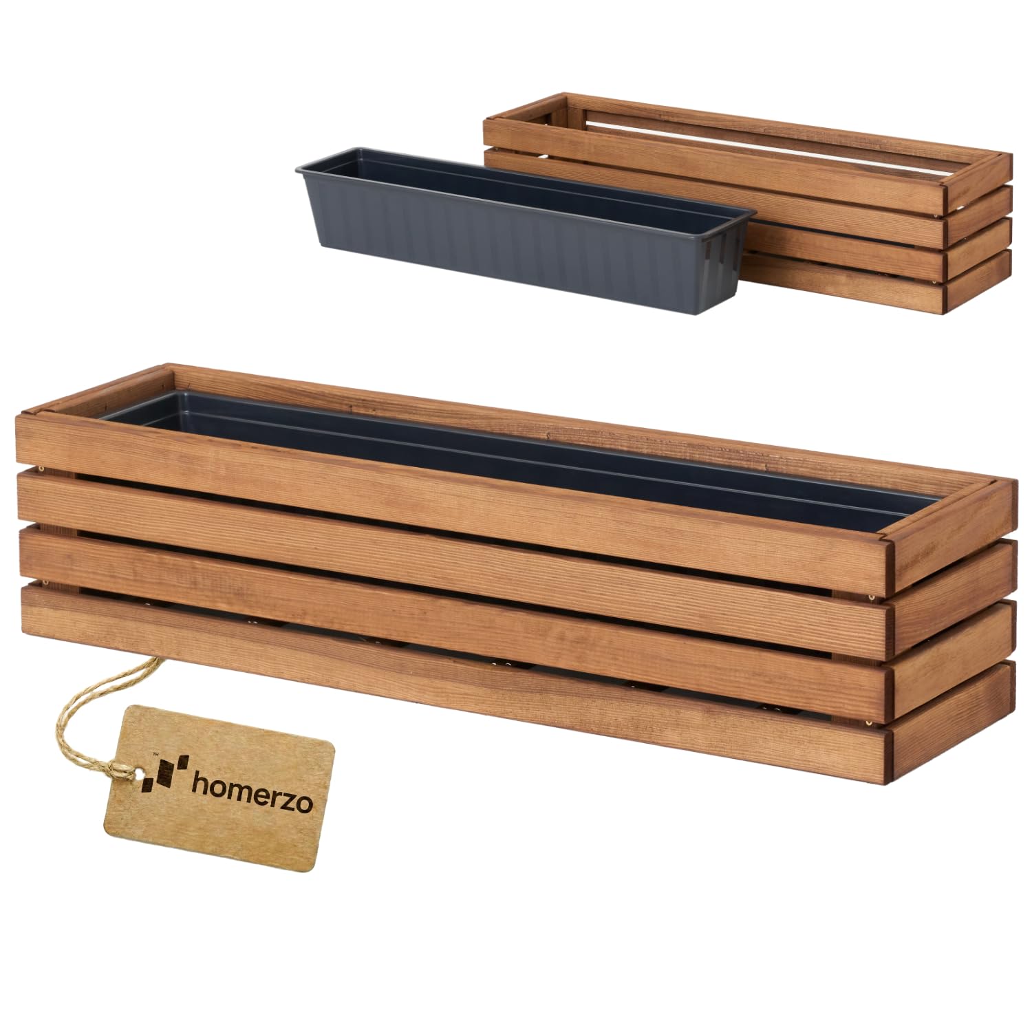 Jardinera de madera rectangular – marrón impregnada, con inserto de plástico extraíble – Maceta para balcón, jardín y terraza (Horizontal-marrón, 86x23 H20)