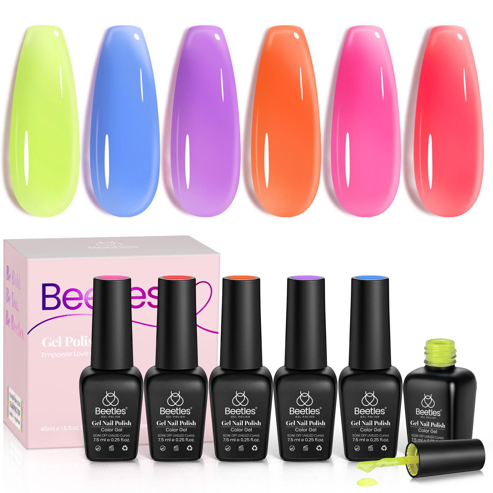 Beetles 6 Colors Jelly Gel Nail Polish Kit, Jelly Tint Neon Translucent Sheer Red Hot Pink Purple Bright Blue Yellow Gel Polish Soak Off Uv Led Gel Nail Manicure Gel Polish for Women