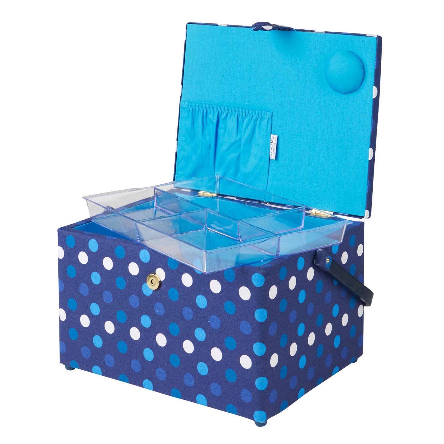 Sewing Online Duże pudełko do szycia, granatowe w kropki | 31 x 23 x 20 cm | Koszyk do przechowywania i organizowania z przegrodami na przybory do szycia, akcesoria, nici, igły i nożyczki - GA1123L