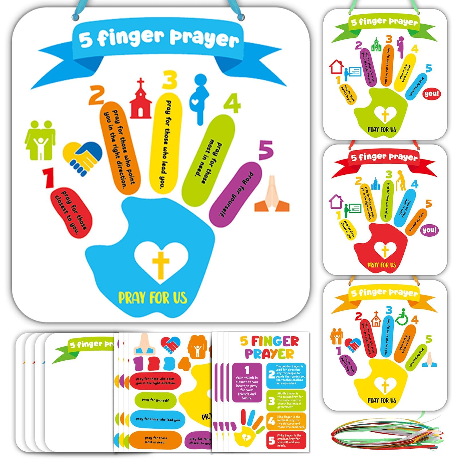 Qyeahkj 24 Set Christian Religious Crafts for Kids 5 Finger Prayer Sunday School VBS Handprint Paper Stickers Art Crafts Bulk DIY Bible Craft Kit Hanging Decoration for Home Classroom Church Activity