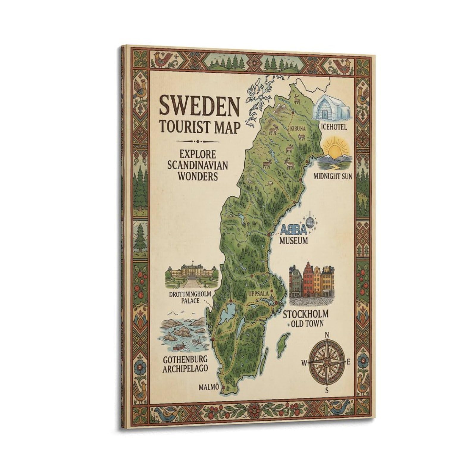 OKAHYS Vintage Travel Sweden Tourist Map Poster Decorative Painting Canvas Wall Artworks Picture 20x30inch(50x75cm)