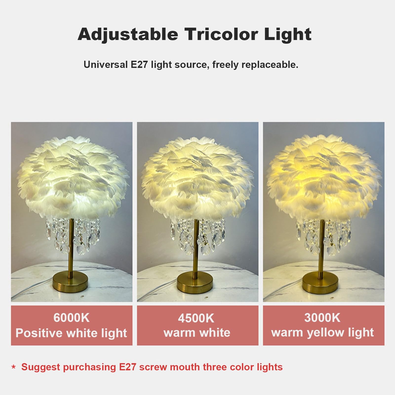 Lampada da tavolo a piuma con cristallo unico - luce a temperatura a 3 colori, luce notturna della scrivania con filo plug-in perfetto per regalo di nozze a fianco letto della camera(Champagne color)