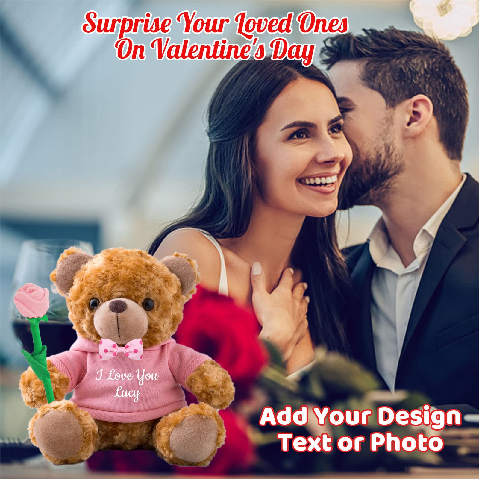 Custom Teddy Bear With Photo & Text - Personalized Hoodie Bear With Rose & Bow - Valentine, Birthday, Anniversary Gift For Her/Him - View #8