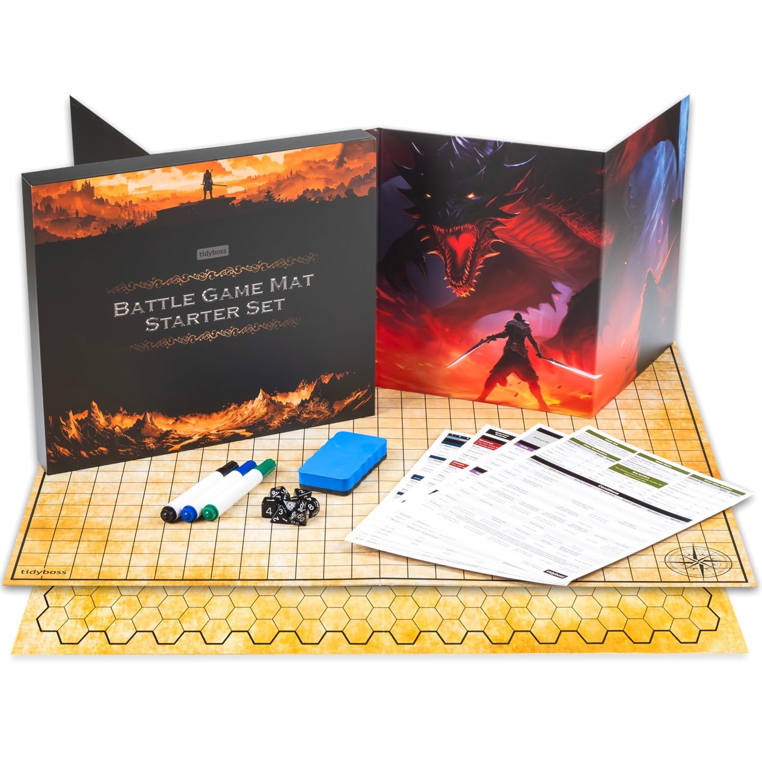 TIDYBOSS Dungeons and Dragons Foldable Battle Mats | 2 x Battle Grid Mats with Dungeon Master Screen | Wet & Dry Erase DND Board Game | DND Gifts & DND Accessories