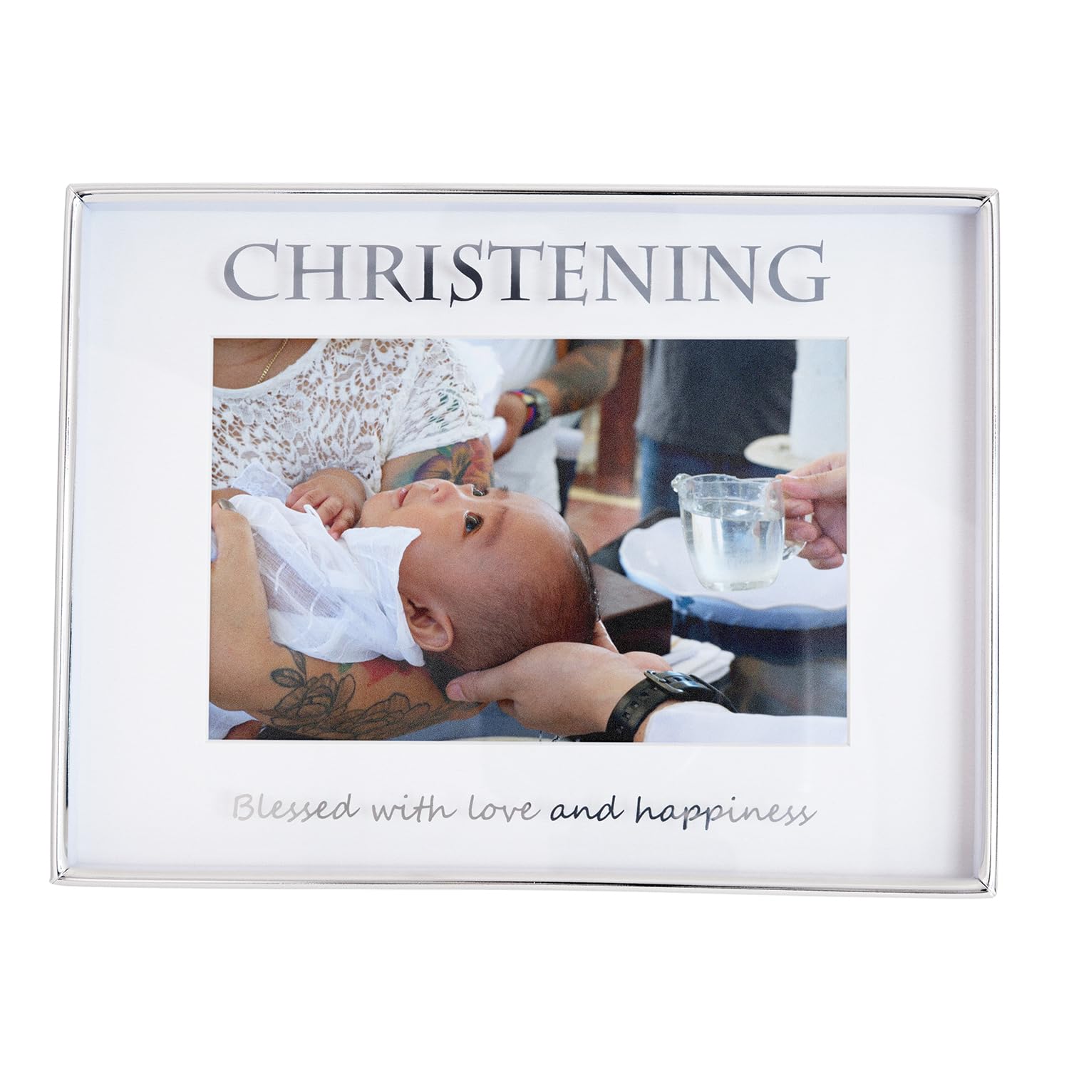 Happy Homewares Silver Contemporary Plated Metal Christening 4X6 Picture Frame For Wall Or Table | Blessed With Love And Happiness