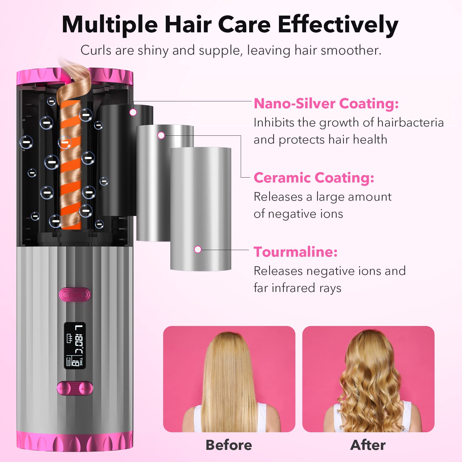 Automatischer kabelloser Lockenwickler, Farbverlauf Rosa - 6 Heizstufen, schnelles Aufheizen 60s, Auto Hair Wrap & Tangle-Free, Nano-Keramik- & Turmalin-Beschichtung für glänzendes Haar, tragbarer