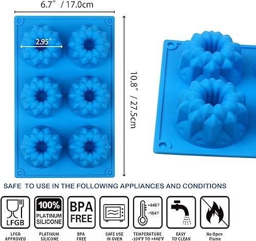 Miniatura 9 de Molde de silicona para tartas de 6Cavity Heritage Bundtlette, molde de silicona para hornear, moldes antiadherentes para pasteles de tubo estriado