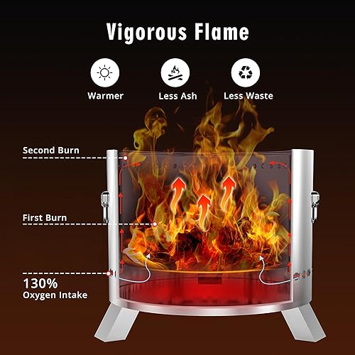 Miniatura 2 de Hoguera sin humo, fogata para exteriores, fogata portátil de 20 pulgadas con cenicero extraíble y doble asa, hoguera portátil de acero inoxidable,